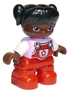 Duplo Figure Lego Ville, Child Girl, Red Legs, Bright Pink Top with Flower on Pocket, White Arms, Black Hair with Pigtails, Oval Eyes