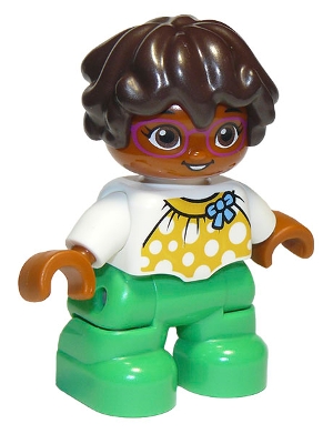 Duplo Figure Lego Ville, Child Girl, Bright Green Legs, White Top with Yellow Pattern and Blue Bow, Dark Brown Wavy Hair, Magenta Glasses
