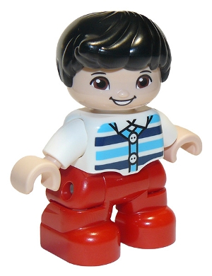 Duplo Figure Lego Ville, Child Boy, Red Legs, White Top with Medium Azure and Dark Blue Stripes, Black Hair