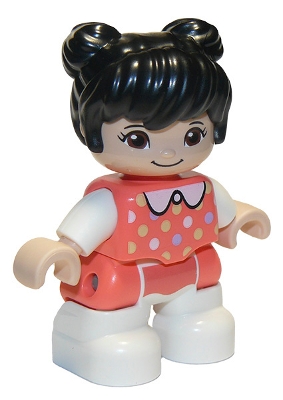 Duplo Figure Lego Ville, Child Girl, White Legs, Coral Top with Polka Dots Pattern, White Arms, Black Hair