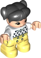 Duplo Figure Lego Ville, Child Girl, Bright Light Yellow Legs, White Top with Black Hearts, Black Hair with Pigtails, Light Nougat Skin