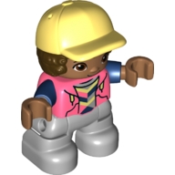 Duplo Figure Lego Ville, Child Boy, Light Bluish Gray Legs, Coral Top with Dark Blue Arms, Dark Brown Hair, Bright Light Yellow Cap