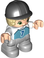 Duplo Figure Lego Ville, Child Boy, Light Bluish Gray Legs, Medium Azure Top with Number 7, Tan Hair, Black Riding Helmet