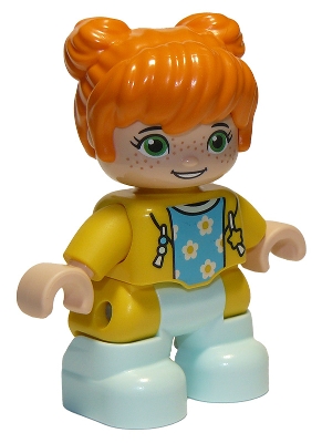 Duplo Figure Lego Ville, Child Girl, Light Aqua Legs, Yellow Jacket with Medium Azure Top with Flowers, Orange Hair