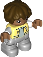 Duplo Figure Lego Ville, Child Boy, Light Bluish Gray Legs, Bright Light Yellow Jacket with Number 1, Dark Brown Hair