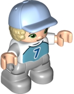 Duplo Figure Lego Ville, Child Boy, Light Bluish Gray Legs, Medium Azure Top with Number 7, Tan Hair, Bright Light Blue Cap