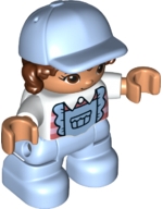 Duplo Figure Lego Ville, Child Girl, Bright Light Blue Legs with Overalls, White Top, Reddish Brown Hair, Bright Light Blue Cap