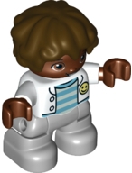 Duplo Figure Lego Ville, Child Boy, Light Bluish Gray Legs, White Jacket, Light Aqua and Medium Azure Striped Top, Dark Brown Hair