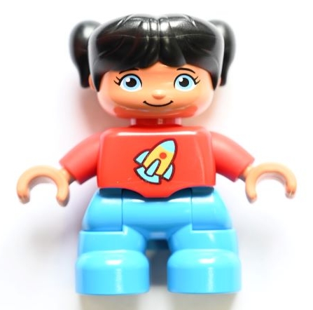 Duplo Figure Lego Ville, Child Girl, Dark Azure Legs, Red Top with Space Rocket Ship, Black Hair