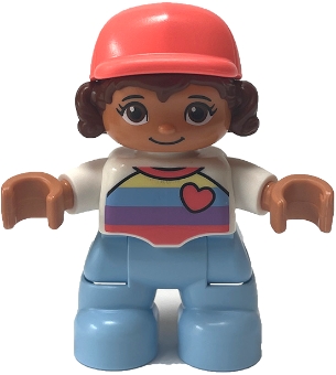 Duplo Figure Lego Ville, Child Girl, Bright Light Blue Legs, White Top with Stripes and Heart, Reddish Brown Hair, Coral Cap