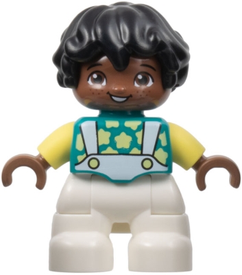 Duplo Figure Lego Ville, Child Boy, White Legs, Dark Turquoise Top with Stars, Bright Light Yellow Arms, Black Hair &#40;6444500&#41;