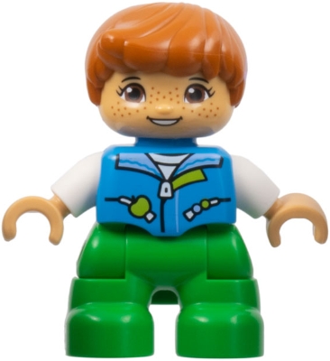 Duplo Figure Lego Ville, Child Boy, Bright Green Legs, Dark Azure Vest, White Shirt, Dark Orange Hair, Hearing Aids &#40;6443276&#41;