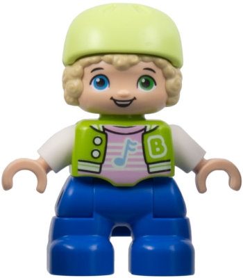Duplo Figure Lego Ville, Child Boy, Blue Legs, Lime Jacket with White Sleeves, Bright Pink Shirt, Yellowish Green Bicycle Helmet &#40;6424661&#41;