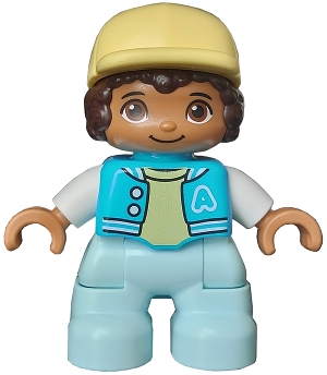 Duplo Figure Lego Ville, Child Girl, Light Aqua Legs, Medium Azure Jacket with Capital Letter A and Buttons, Dark Brown Hair, Bright Light Yellow Cap &#40;6435328&#41;