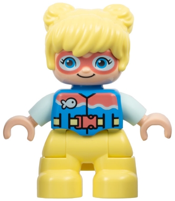 Duplo Figure Lego Ville, Child Girl, Bright Light Yellow Legs and Hair, Dark Azure Vest, Dark Pink Goggles, Light Aqua Arms &#40;6449853&#41;