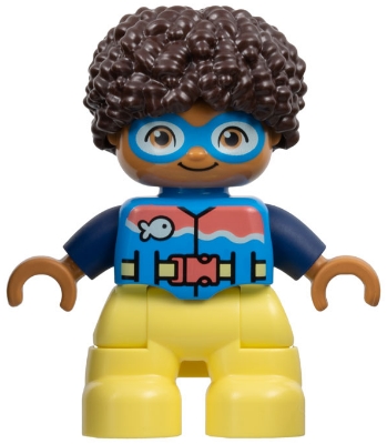 Duplo Figure Lego Ville, Child Boy, Bright Light Yellow Legs, Dark Azure Vest and Goggles, Dark Blue Arms, Dark Brown Hair &#40;6449847&#41;