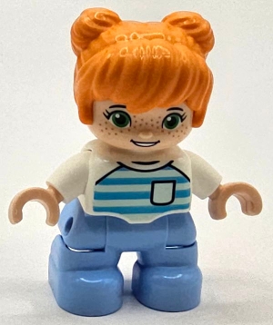 Duplo Figure Lego Ville, Child Girl, Bright Light Blue Legs, Orange Hair, Medium Azure and Light Aqua Striped Shirt, Green Eyes, Freckles, White Arms &#40;6453163&#41;