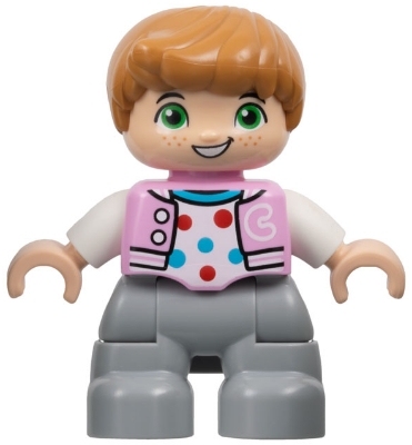 Duplo Figure Lego Ville, Child Boy, Light Bluish Gray Legs, Bright Pink Jacket with Capital Letter C, Polka Dot Shirt, Medium Nougat Hair &#40;6446171&#41;