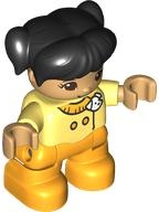Duplo Figure Lego Ville, Child Girl, Bright Light Orange Legs, Bright Light Yellow Top with White Dog Head, Black Hair with Pigtails &#40;6444088&#41;