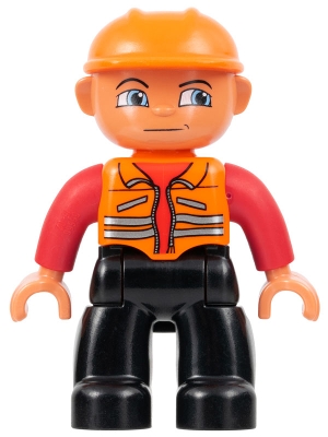 Duplo Figure Lego Ville, Male, Black Legs, Orange Vest, Orange Construction Helmet