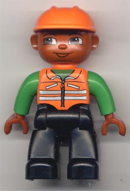 Duplo Figure Lego Ville, Male, Black Legs, Orange Vest, Orange Construction Helmet, Dark Skin