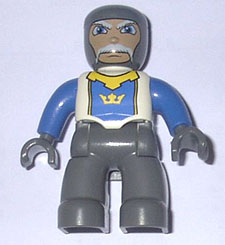 Duplo Figure Lego Ville, Male Castle, Dark Bluish Gray Legs, White Chest, Blue Arms, Dark Bluish Gray Hands