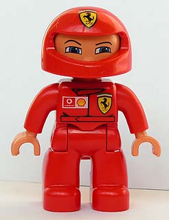 Duplo Figure Lego Ville, Male, Red Legs, Red Top with Ferrari / Shell / Vodafone Pattern (Racer)