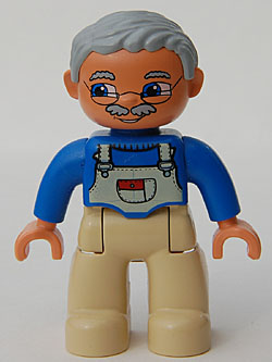 Duplo Figure Lego Ville, Male, Tan Legs, Blue Top with White Overalls Bib, Light Bluish Gray Hair