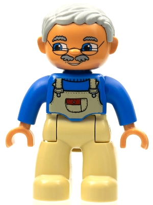 Duplo Figure Lego Ville, Male, Tan Legs, Blue Top with Tan Overalls Bib, Glasses, Light Bluish Gray Hair