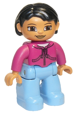 Duplo Figure Lego Ville, Female, Medium Blue Legs, Magenta Top, Black Hair, Brown Eyes