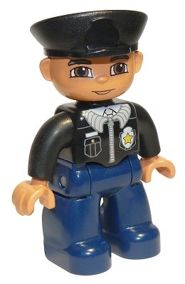 Duplo Figure Lego Ville, Male Police, Black Hat, Light Nougat Head and Hands, Brown Eyes, Black Shirt with Badge, Dark Blue Legs