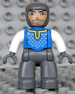 Duplo Figure Lego Ville, Male Castle, Dark Bluish Gray Legs, Blue Chest, White Arms, Dark Bluish Gray Hands