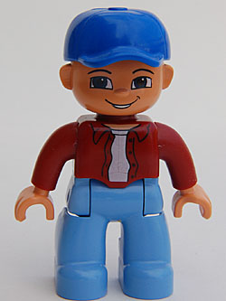 Duplo Figure Lego Ville, Male, Medium Blue Legs, Dark Red Top, Blue Baseball Cap