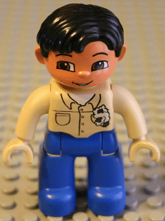 Duplo Figure Lego Ville, Male, Blue Legs, Tan Top with Buttons and Rag in Pocket, Black Hair, Tan Hands &#40;Mechanic&#41;