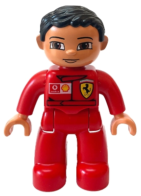 Duplo Figure Lego Ville, Male, Red Legs, Red Top with Ferrari / Shell / Vodafone Pattern (Mechanic)