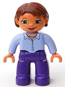 Duplo Figure Lego Ville, Female, Dark Purple Legs, Light Violet Button Top with Necklace, Nougat Hands, Reddish Brown Hair, Green Eyes