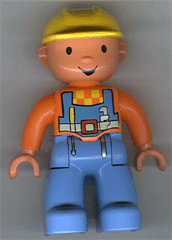 Duplo Figure Lego Ville, Male, Medium Blue Legs, Orange Top with Overalls, Yellow Construction Helmet &#40;Bob the Builder&#41;