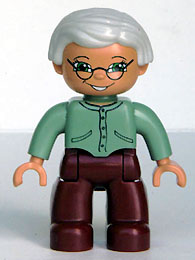 Duplo Figure Lego Ville, Female, Dark Red Legs, Sand Green Sweater, Very Light Gray Hair, Green Eyes, Glasses