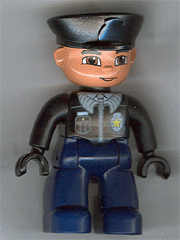 Duplo Figure Lego Ville, Male Police, Dark Blue Legs, Black Top with Badge, Black Arms, Black Hands, Black Hat