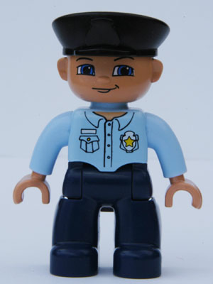 Duplo Figure Lego Ville, Male Police, Black Hat, Nougat Head and Hands,  Light Blue Shirt with Badge, Dark Blue Legs