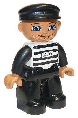 Duplo Figure Lego Ville, Male Prisoner, Black Cap, Light Nougat Head and Hands, Black and White Striped Shirt with &#39;62019&#39;, Black Legs