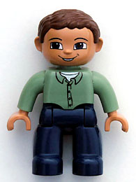 Duplo Figure Lego Ville, Male, Dark Blue Legs, Sand Green Top with Buttons, Reddish Brown Hair, Brown Eyes