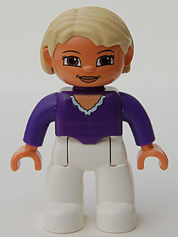 Duplo Figure Lego Ville, Female, White Legs, Dark Purple Top, Tan Hair, Brown Eyes