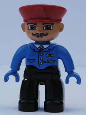 Duplo Figure Lego Ville, Male, Black Legs, Blue Jacket with Tie, Red Hat, Curly Moustache (Train Conductor)
