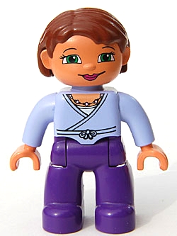 Duplo Figure Lego Ville, Female, Dark Purple Legs, Light Violet Wrap Top with Necklace, Nougat Hands, Reddish Brown Hair, Green Eyes