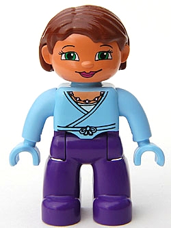 Duplo Figure Lego Ville, Female, Dark Purple Legs, Bright Light Blue Wrap Top with Necklace, Bright Light Blue Hands, Reddish Brown Hair, Green Eyes