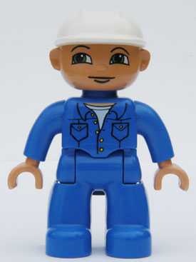 Duplo Figure Lego Ville, Male, Blue Legs, Blue Top with Pockets, White Construction Helmet, Green Eyes Looking Right