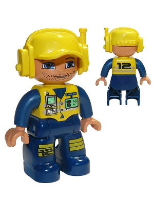 Duplo Figure Lego Ville, Male, Dark Blue Legs & Jumpsuit with Yellow Vest, Radio, ID Badge, Yellow Cap with Headset, Slight Smile