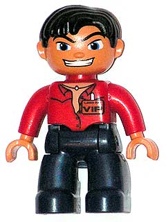 Duplo Figure Lego Ville, Male, Dark Blue Legs, Red Top with Open Collar, Black Hair, VIP Badge