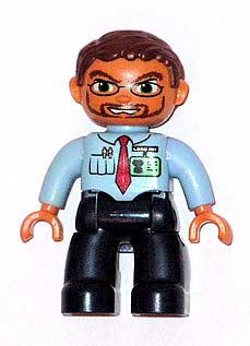 Duplo Figure Lego Ville, Male, Dark Blue Legs, Light Blue Top with Red Tie and ID Badge, Reddish Brown Hair, Beard, Glasses